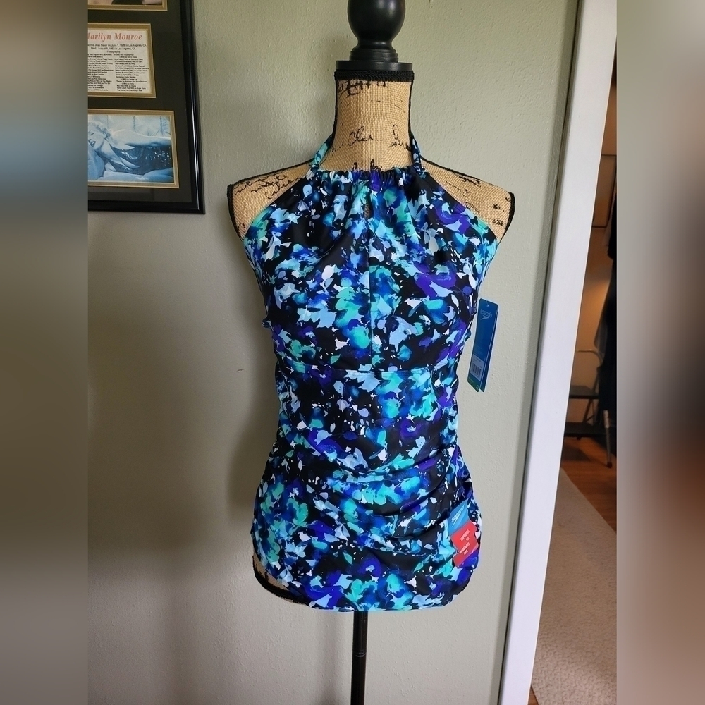 Speedo High Neck Keyhole Blue Floral NWT XL